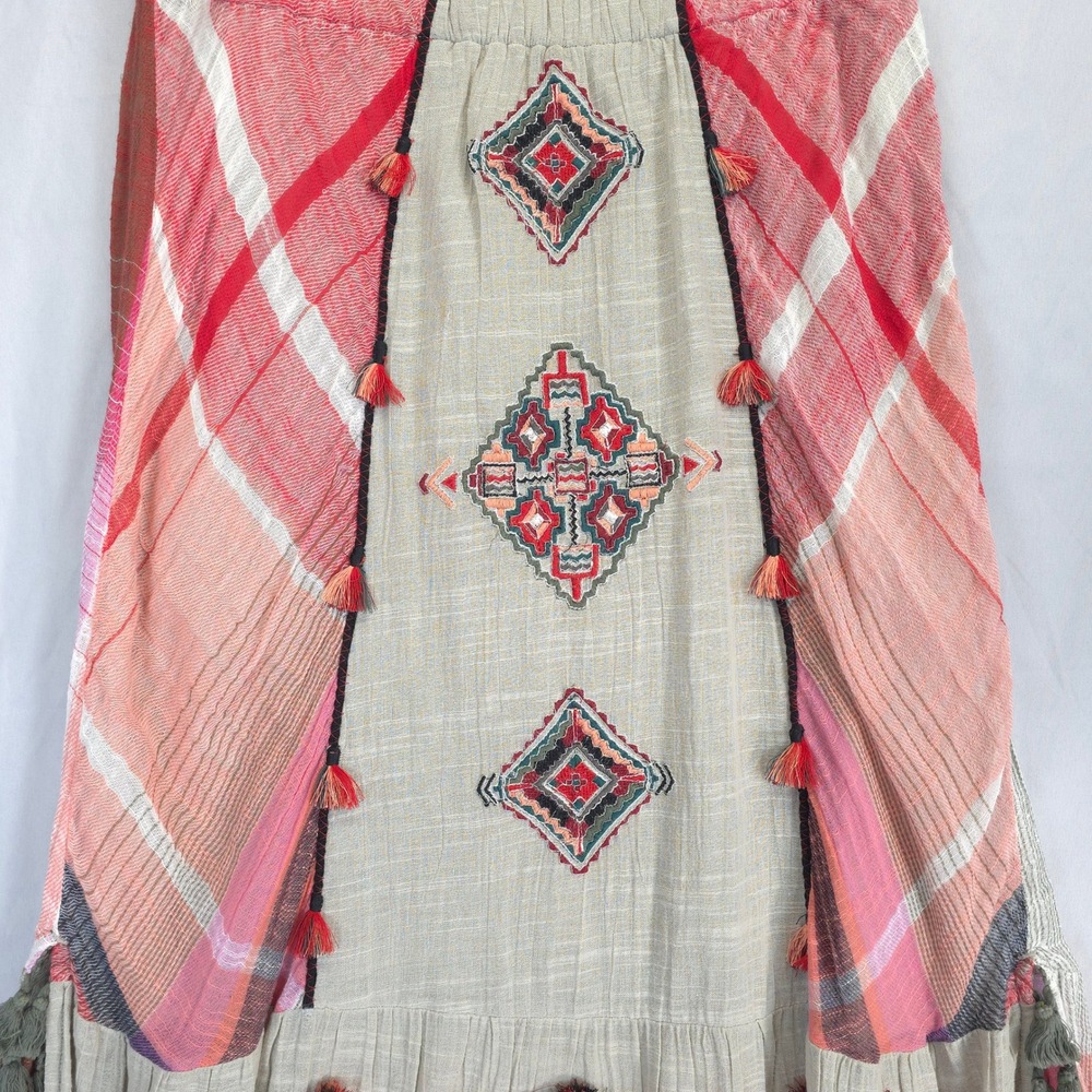 Soft Surroundings Boho Artisan Maxi Skirt S Embroidered Tassel Gauzy Aztec - Picture 10 of 12